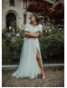 Short Sleeves Ivory Satin Tulle Slit Wedding Dress